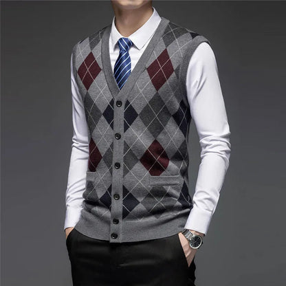 Men's Argyle Knitted Vest with V Neck Button Front