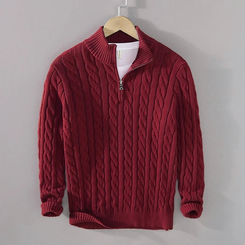 Men's Cable Knit Jumper Quarter Zip High Neck