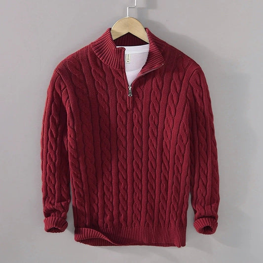 Men's Cable Knit Jumper Quarter Zip High Neck