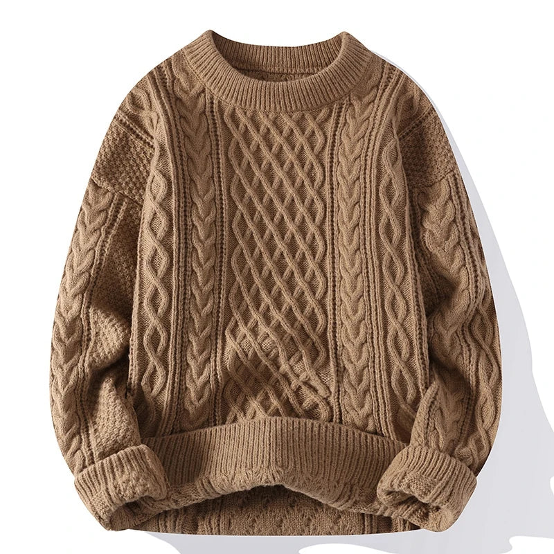 Men's Cable Knit Crew Neck Jumper with Ribbed Trims