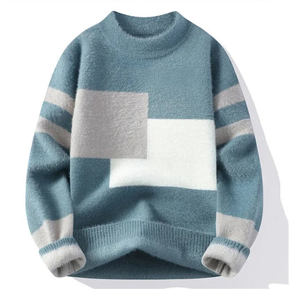 Men's Geometric Knit Jumper with Crew Neck Block Pattern
