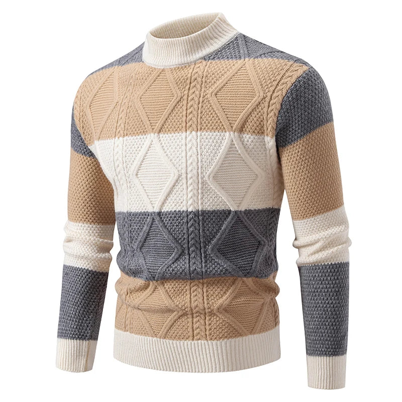Men's Knitted Mock Neck Jumper with Colourblock Pattern