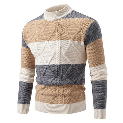 Men's Knitted Mock Neck Jumper with Colourblock Pattern
