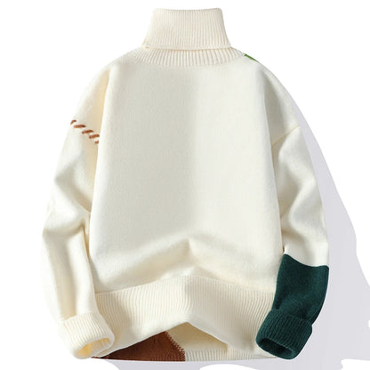 Men's Patchwork Knit Jumper with Roll Neck and Textured Panels