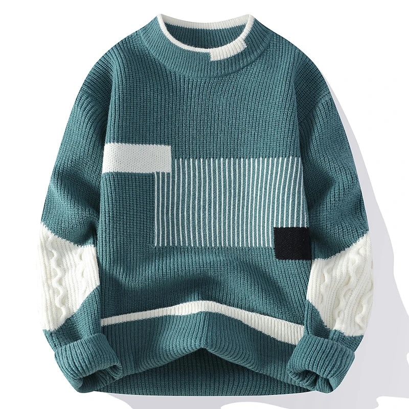 Men's Knitted Crew Neck Jumper with Geometric Colourblock Pattern