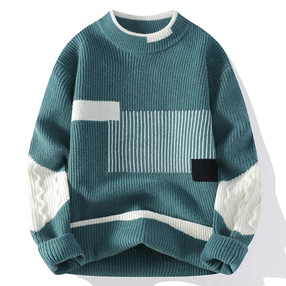 Men's Knitted Crew Neck Jumper with Geometric Colourblock Pattern