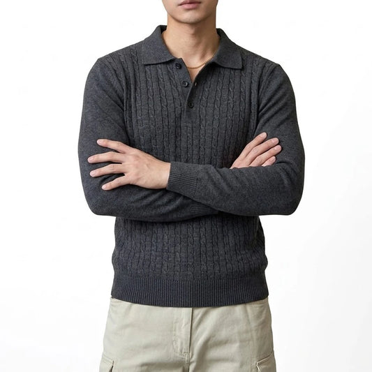 Men's Ribbed Knit Jumper with Polo Collar – Long Sleeve Button Neck Sweater