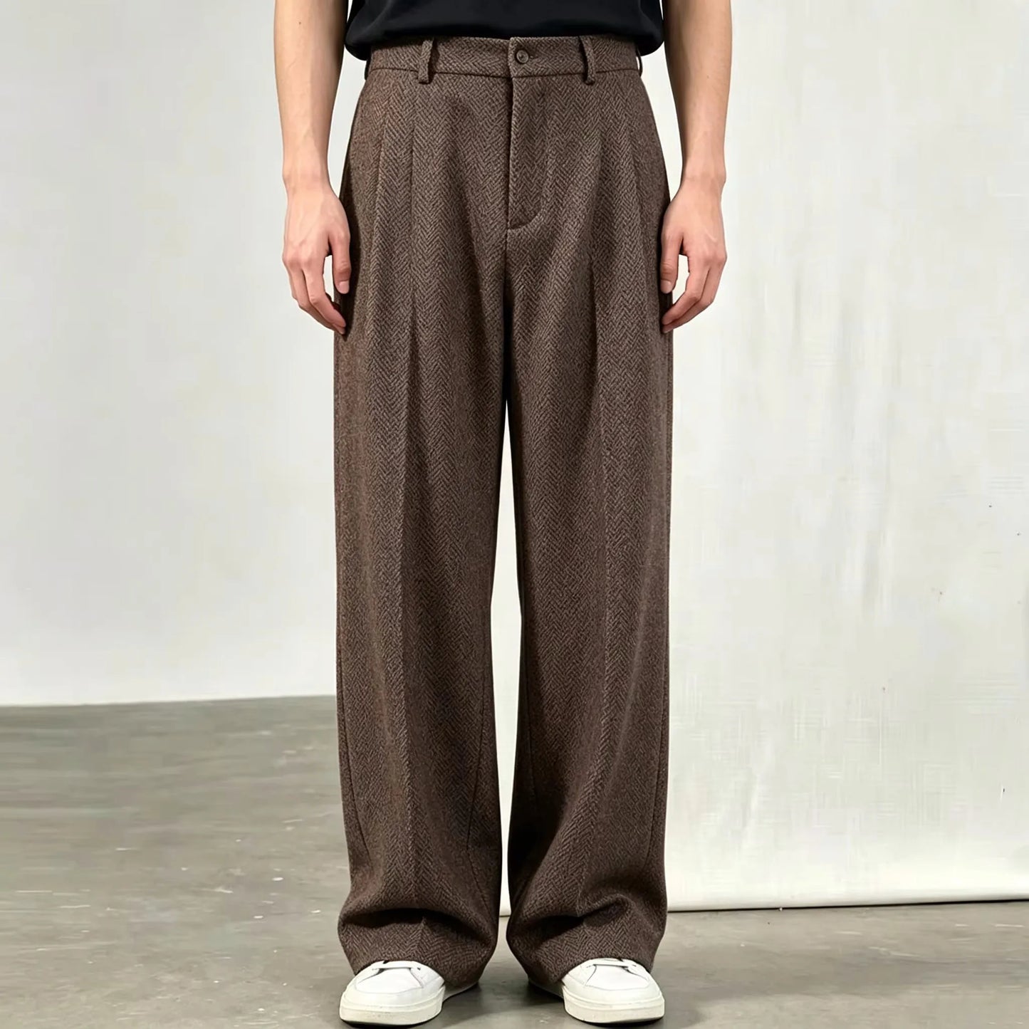 Men's Wide Leg Trousers with Pleated Front and Pockets