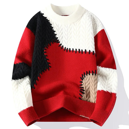 Men's Knitted Crew Neck Jumper with Patchwork Colourblock Design
