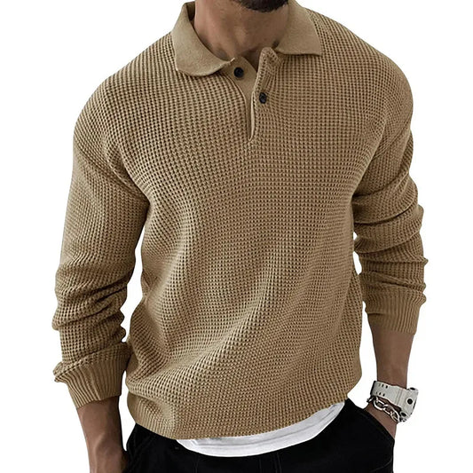 Men's Knitted Polo Jumper – Long Sleeve Sweater with Button Placket and Textured Knit