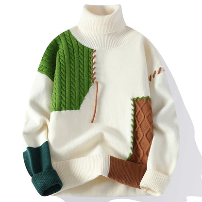Men's Patchwork Knit Jumper with Roll Neck and Textured Panels