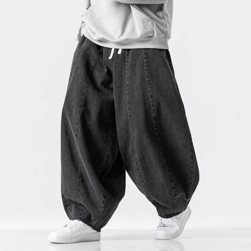 Men's Loose Fit Denim Harem Trousers with Drawstring Waist