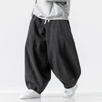 Men's Loose Fit Denim Harem Trousers with Drawstring Waist