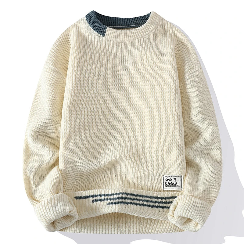 Men's Knitted Crew Neck Jumper with Ribbed Trim Detail