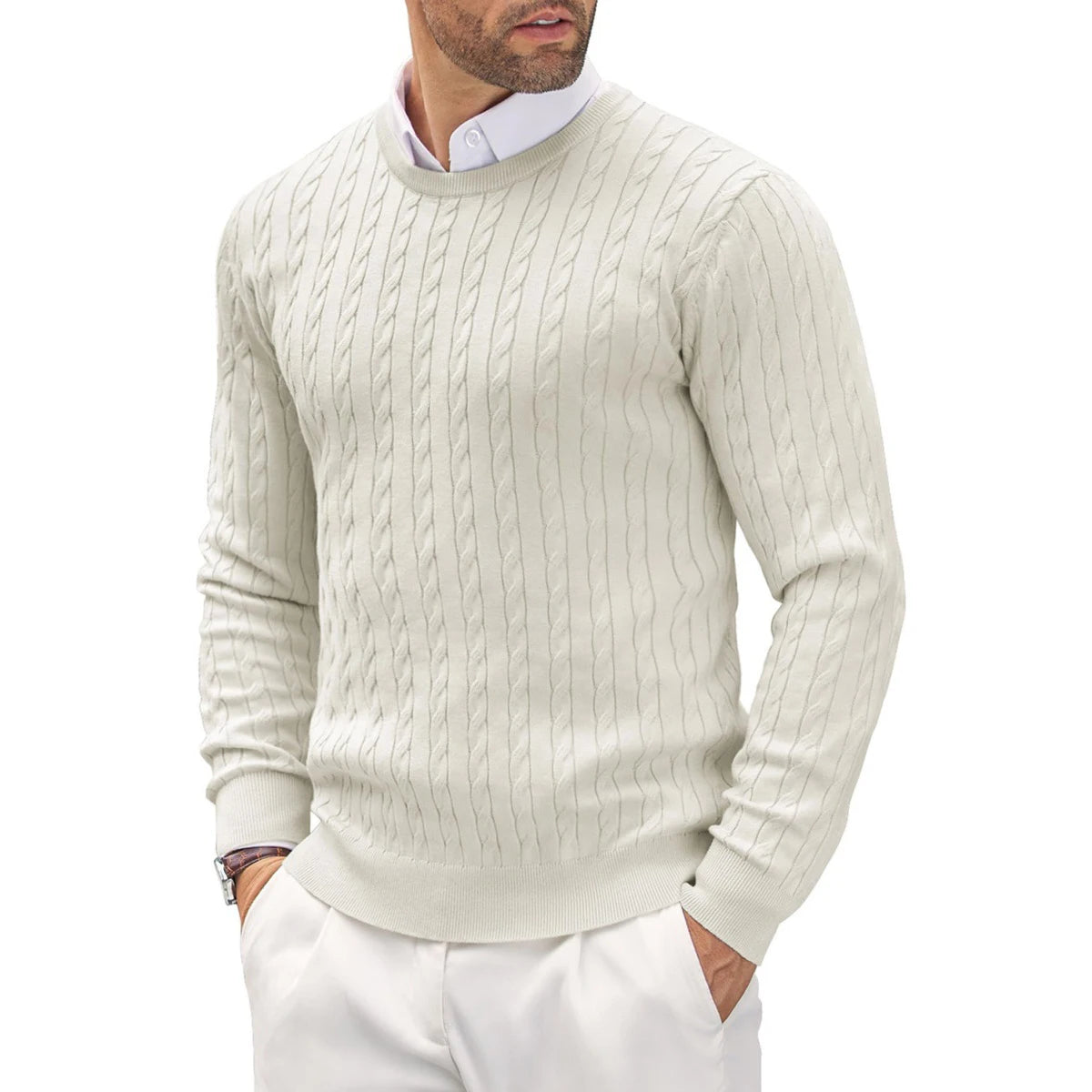 Men's Cable Knit Jumper with Crew Neck and Long Sleeves