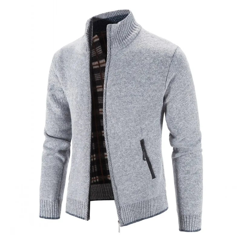 Men's Knitted Zip Cardigan with High Neck and Pockets