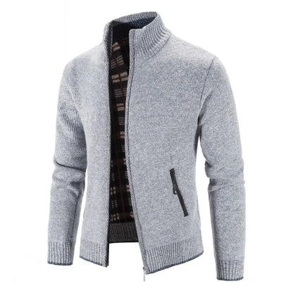 Men's Knitted Zip Cardigan with High Neck and Pockets