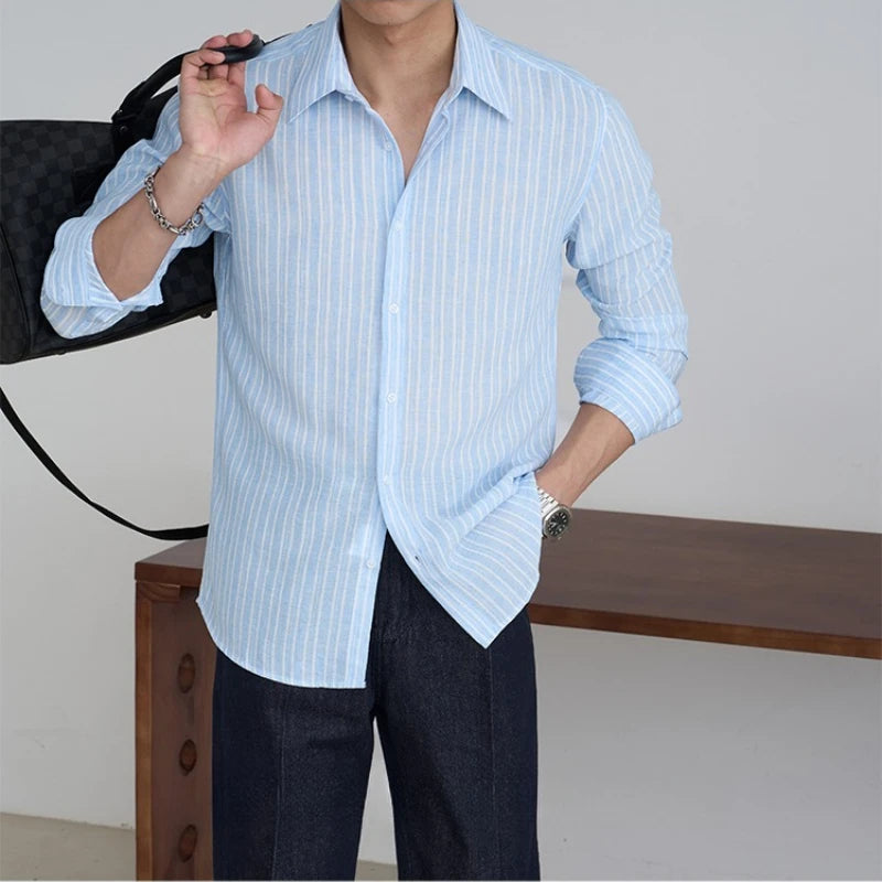 Men's Long Sleeve Striped Button Down Shirt with Collared Neck