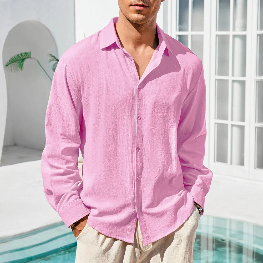 Men's Long Sleeve Linen Look Shirt with Open Collar