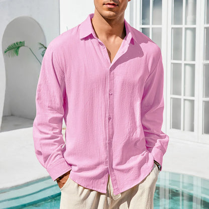 Men's Long Sleeve Linen Look Shirt with Open Collar