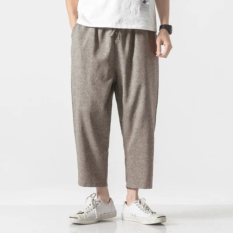 Men's Loose Fit Cropped Trousers with Drawstring Waist