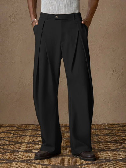 Men's Loose Fit Wide Leg Pleated Trousers with Pockets