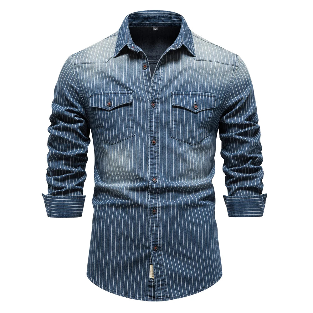 Men's Long Sleeve Striped Shirt with Dual Chest Pockets