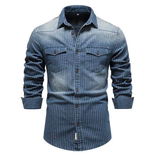 Men's Long Sleeve Striped Shirt with Dual Chest Pockets