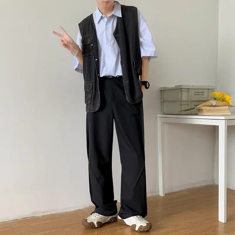 Men's Wide Leg Pleated Trousers with Side Pockets