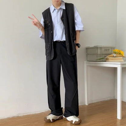 Men's Wide Leg Pleated Trousers with Side Pockets