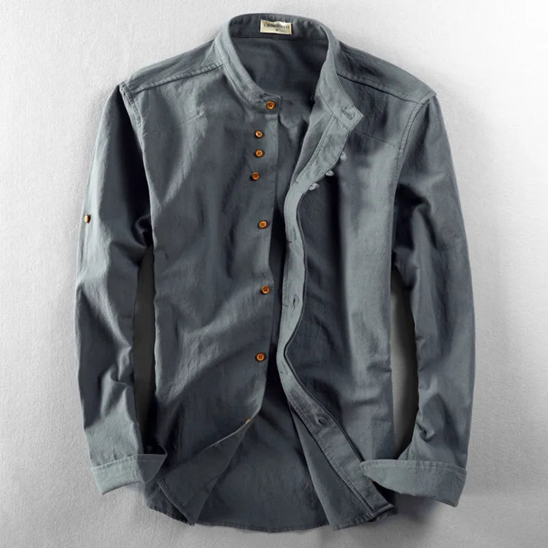 Men's Shirt Grandad Collar Long Sleeve Button Front Casual Fit