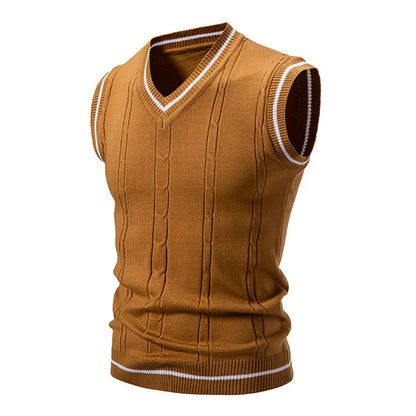 Men's Knitted V Neck Tank Top with Cable Knit Detail