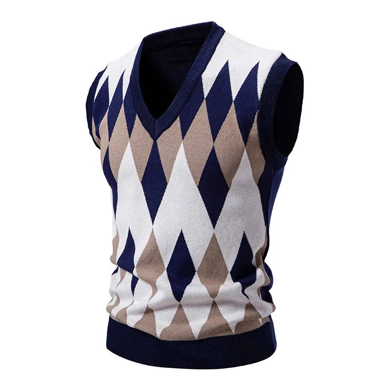 Men's Argyle Knit Sweater Vest with V-Neck Pattern