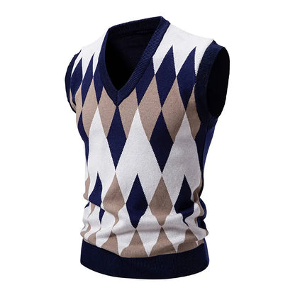 Men's Argyle Knit Sweater Vest with V-Neck Pattern