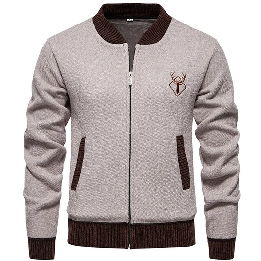 Men's Knitted Bomber Jacket – Full Zip Long Sleeve Ribbed Collar Cuffs Pockets