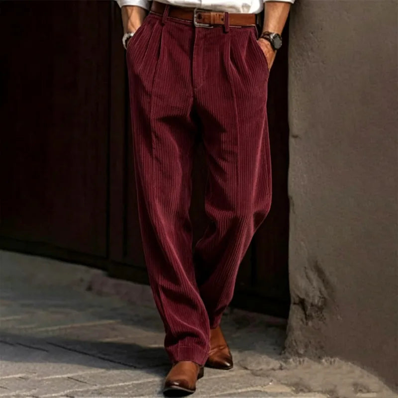 Men's Pleated Trousers – Relaxed Fit Tapered Leg Corduroy Style