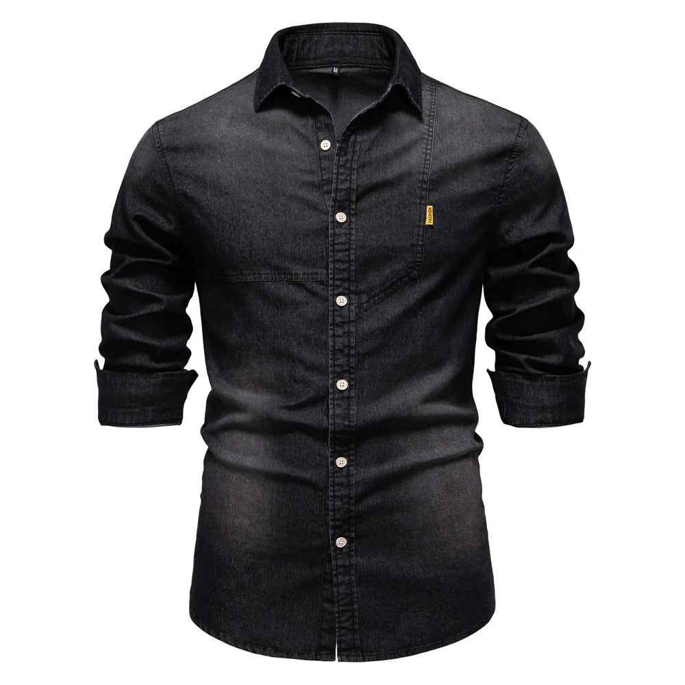 Men's Denim Shirt with Long Sleeves and Button Front