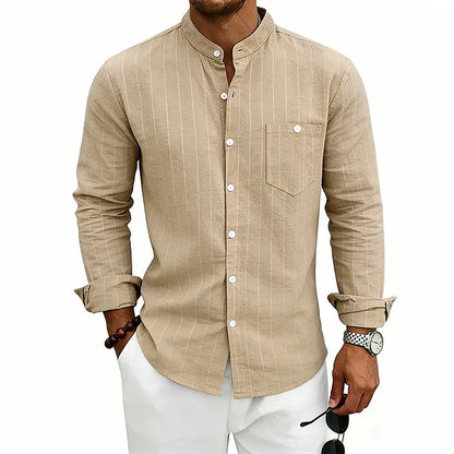 Men's Long Sleeve Grandad Collar Shirt with Chest Pocket