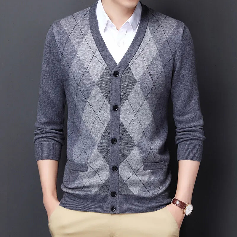 Men's Argyle Knit Cardigan with Button Front and V-Neck