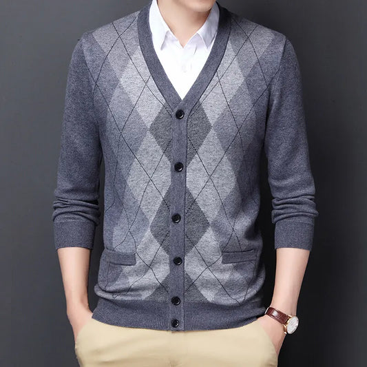 Men's Argyle Knit Cardigan with Button Front and V-Neck