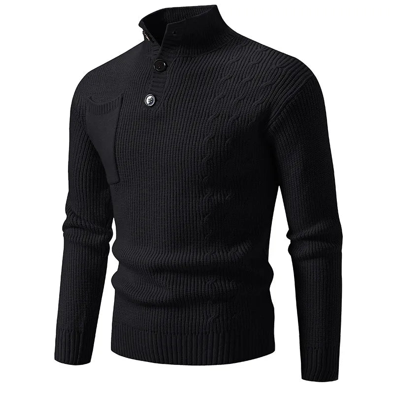 Men's Ribbed Knit Jumper with High Neck Button Placket
