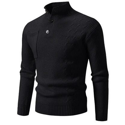 Men's Ribbed Knit Jumper with High Neck Button Placket