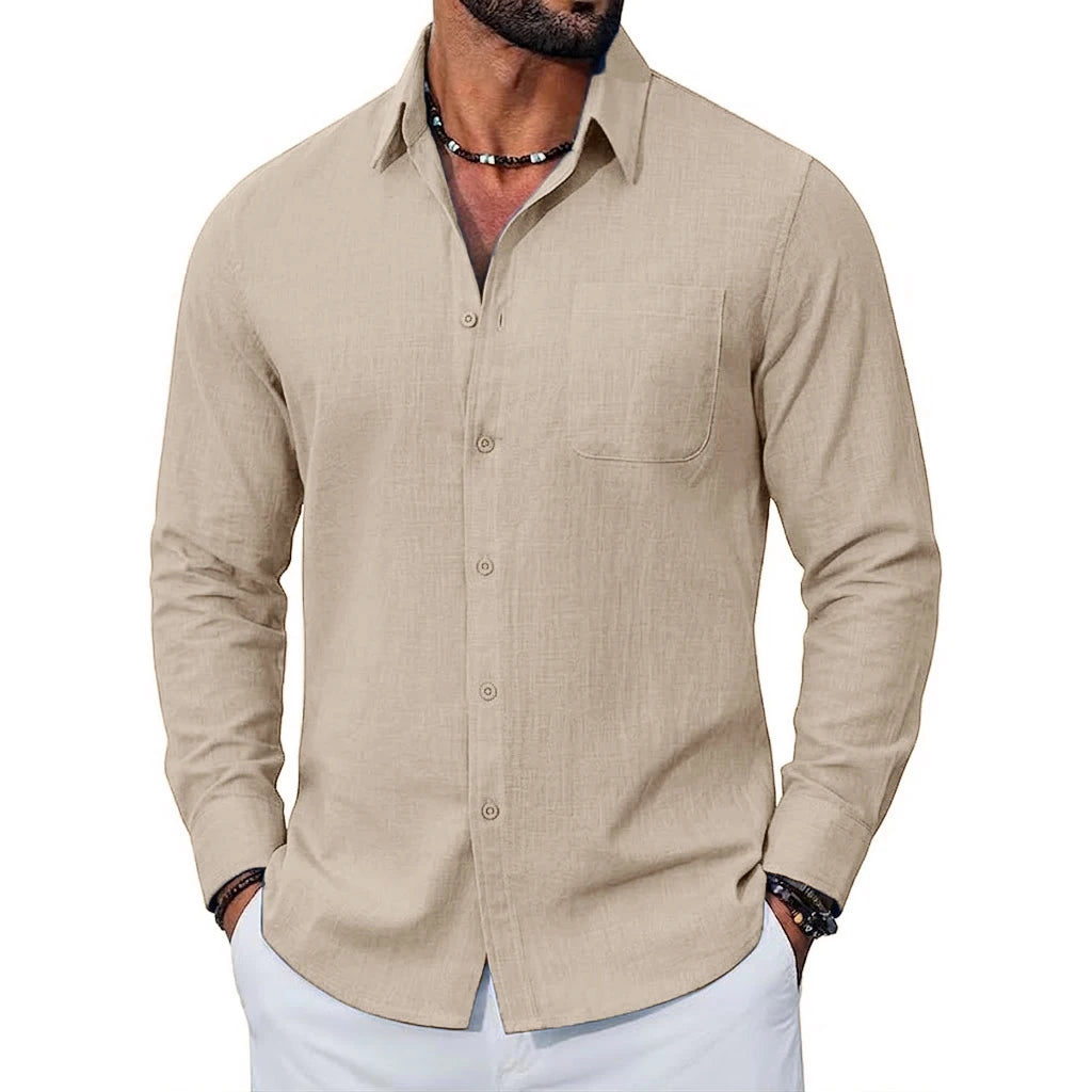 Men's Long Sleeve Open Collar Shirt with Button Front