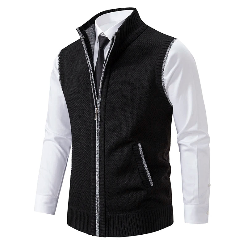 Men's Knitted Gilet with Full Zip and Stand Collar