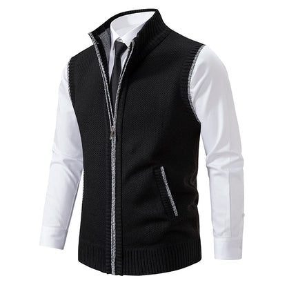 Men's Knitted Gilet with Full Zip and Stand Collar
