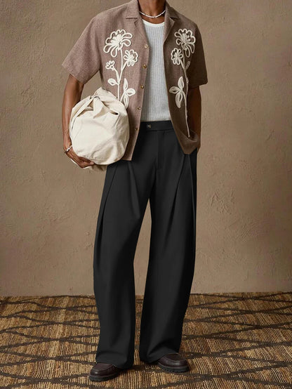 Men's Loose Fit Wide Leg Pleated Trousers with Pockets