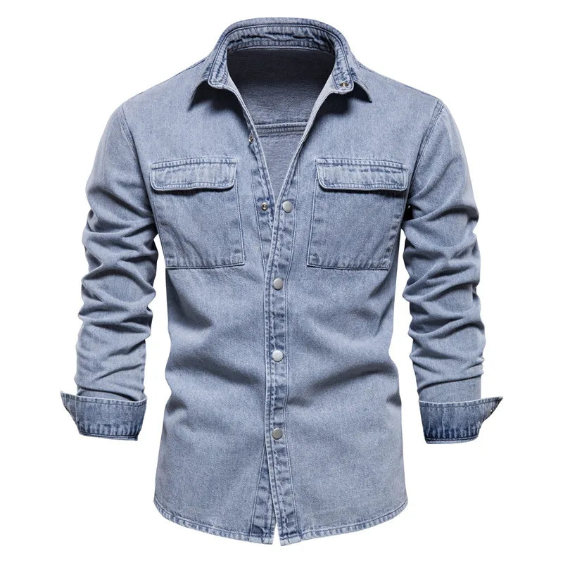 Men's Denim Overshirt with Two Chest Pockets and Long Sleeves