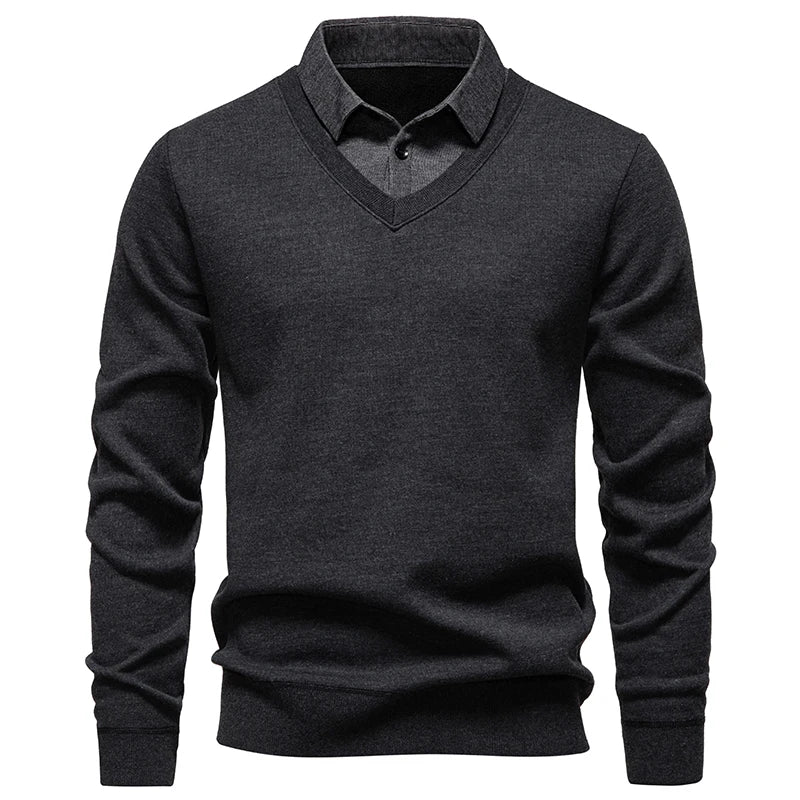 Men's V-Neck Jumper with Long Sleeves and Ribbed Trim