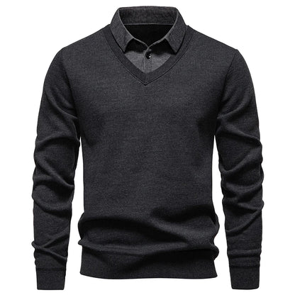Men's V-Neck Jumper with Long Sleeves and Ribbed Trim