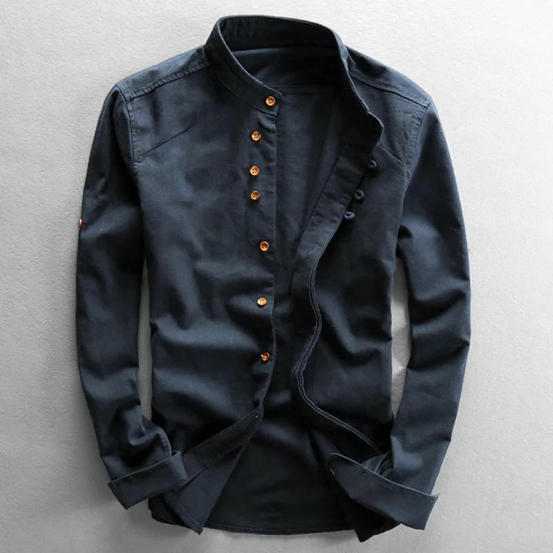 Men's Shirt Grandad Collar Long Sleeve Button Front Casual Fit